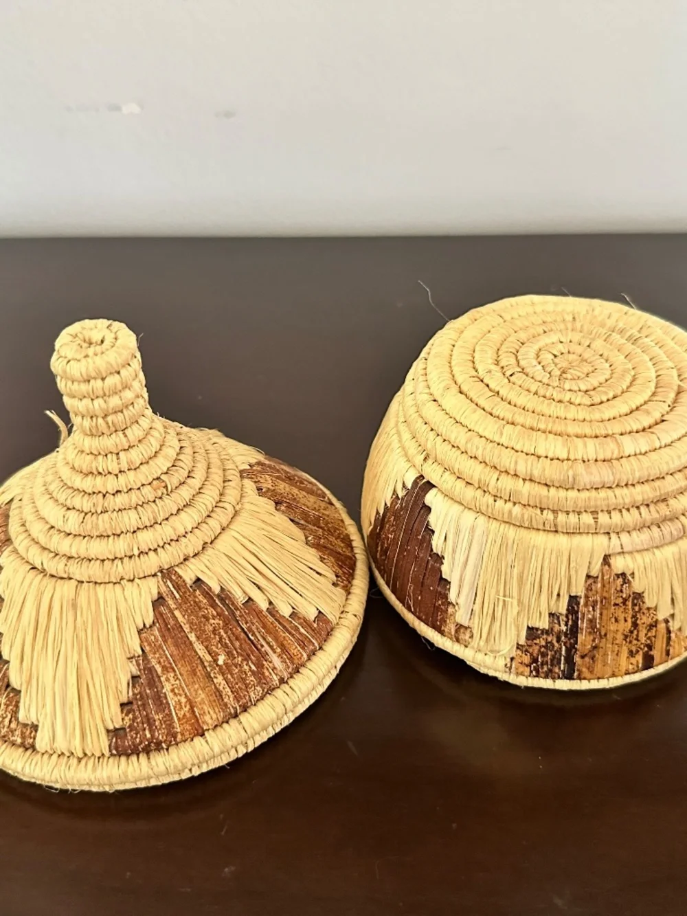 Vintage Coiled Lidded Handwoven Raffia Basket African Tribal 6” Decorative